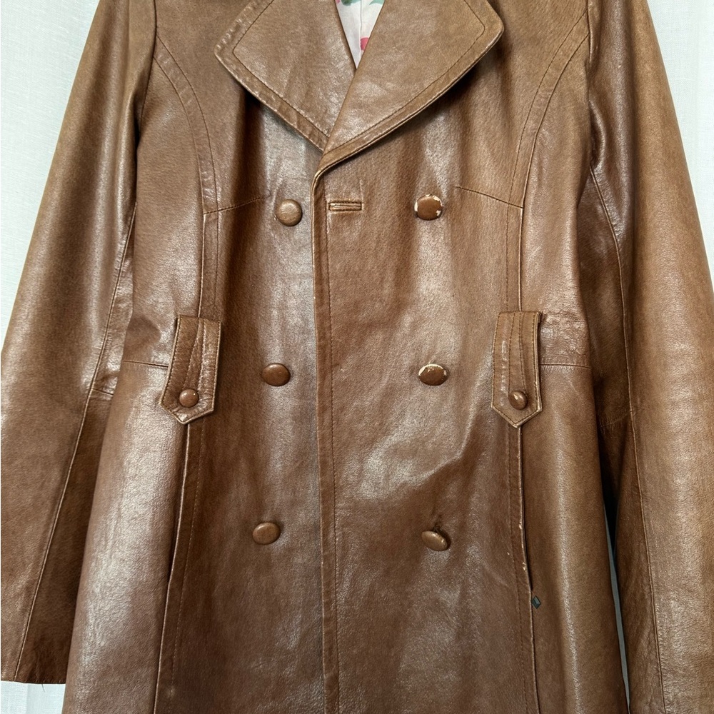 Vintage Y2K Brown Leather Peacoat Jacket - Picture 7 of 8
